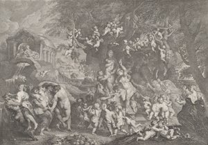 La Fiesta de Venus, con grupos de sátiros, ninfas y putti bailando alrededor de una estatua de Venus de Anton Joseph von Prenner