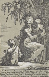 Una mujer de pie al pie de un árbol sosteniendo a un bebé, con un niño sentado, 1724 de Anton Maria Zanetti