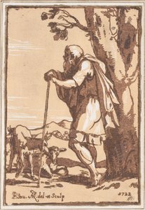 Pastor anciano apoyado en un bastón, 1722