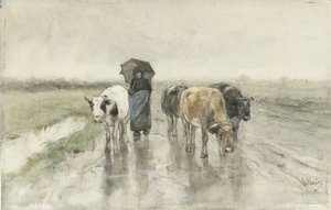 Una manada de vacas en un camino rural bajo la lluvia
Una pastora con vacas en un camino rural bajo la lluvia de Anton Mauve