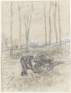 Agricultor trabajando con una carretilla en el bosque