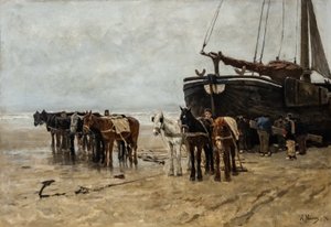 Holandés: Bomschuit con caballos de remolque en la playa de Scheveningen Barco de pesca con caballos de remolque en la playa de Scheveningen de Anton Mauve