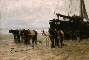 Holandés: Bomschuit con caballos de remolque en la playa de Scheveningen Barco de pesca con caballos de remolque en la playa de Scheveningen de Anton Mauve