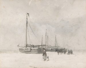 Barcos de pesca en la playa en invierno