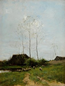 Paisaje con pastor y ovejas