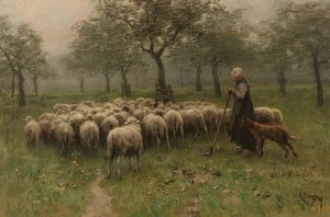Pastora con un rebaño de ovejas