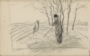 Hombre de pie con un bastón y un animal en un campo arado de Anton Mauve