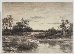 Paisaje con un río o lago en primer plano de Anton Melbye