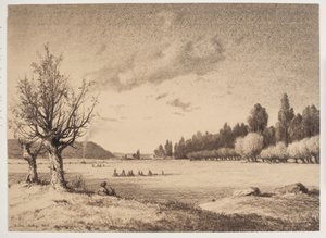 Paisaje abierto con un bosque en la distancia. Borgoña de Anton Melbye
