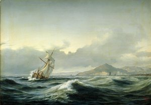 Paisaje marino con velero en mar agitado. Al fondo una costa rocosa de Anton Melbye