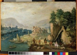 ""Pueblo cerca de las montañas"" (Un pueblo en las montañas) Paisaje de Flandes. Pintura de Antonie (Anton) Mirou (1586-circa 1661) Museo de Bellas Artes Mikalojus Konstantinas Ciurlionis del siglo XVII, Kaunas, Lituania de Anton Mirou