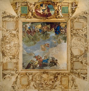 Apolo y Atenea recompensando Talentos y Minerva flanqueada por cariátides y medallones que representan a Marte, Venus, Hércules y Cibeles de Anton Raphael Mengs