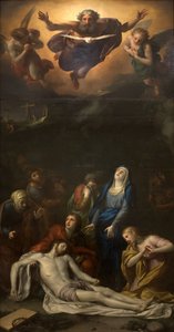 El Descendimiento de la Cruz - Entre los personajes representados alrededor del cuerpo de Jesucristo: San José de Arimatea, San Nicodemo, Santa María Magdalena, la Virgen María y San Juan Evangelista - Representación de la Santísima Trinidad (Dios, Jesús C de Anton Raphael Mengs