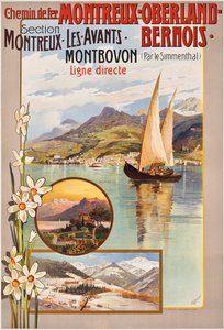 Cartel publicitario de los viajes en tren Montreux-Oberland-Bernois, c. 1910