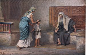 Ana lleva a Samuel a Elí, de la Historia de la Biblia de Hulbert publicada por The John Winston Company, 1932