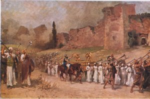 La caída del muro de Jericó, de la Historia de la Biblia de Hulbert publicada por The John Winston Company, 1932