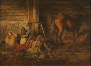 Interior de establo con caballo de Anton Schrodl