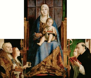 Alemán: María con el Niño y San Nicolás de Bari, Anastasia (), Úrsula, Domingo y (superpuesto por el marco) Helena Retablo de San Cassiano de Antonello da Messina
