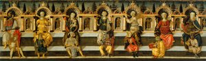 Les sept vertus - Oeuvre de Antonfrancesco (Anton Francesco) Guidi, dit Scheggia (1441-1476), tempera sur bois (49,8x159,3 cm), vers 1467-1469 - Las siete virtudes, Témpera sobre tabla de Antonfrancesco (Anton Francesco) Guidi llamado Scheggia, ca 1467-146