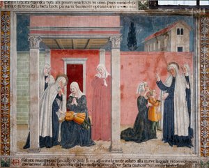 Vida de Santa Francesca Romana (1384-1440): La santa resucita a un niño no bautizado cuya madre había asfixiado accidentalmente en su sueño. Fresco de Antoniazzo Romano (siglo XV) 1468 Roma, convento de la comunidad de Oblate de Antoniazzo Romano