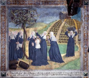Vida de Santa Francesca Romana: La santa mantiene el viñedo con las hermanas y hace aparecer uvas en enero (fresco) de Antoniazzo Romano