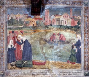 Vida de Santa Francesca Romana: Un hombre es resucitado por la santa después de ahogarse en el Tíber de Antoniazzo Romano