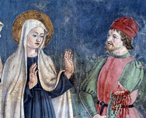 Vida de Santa Francesca Romana: En su regreso de San Juan de Letrán, la santa cura a un hombre con el brazo cortado (detalle) de Antoniazzo Romano