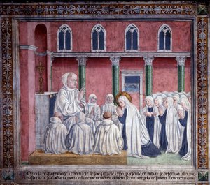 Vida de Santa Francesca Romana: La santa y las oblatas se ofrecen a la orden benedictina y se establecen en la iglesia de Santa Maria Nova, Roma (fresco) de Antoniazzo Romano