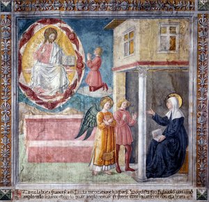 Vida de Santa Francesca Romana: El hijo de la santa, muerto por la peste bubónica, se le aparece con un ángel de Antoniazzo Romano