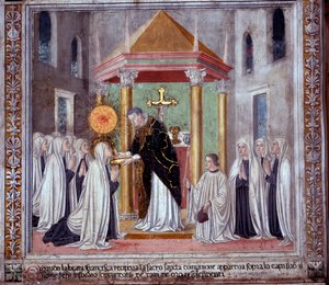 Vida de Santa Francesca Romana: Cuando la santa recibía la Comunión, apareció un orbe brillante sobre ella (fresco) de Antoniazzo Romano