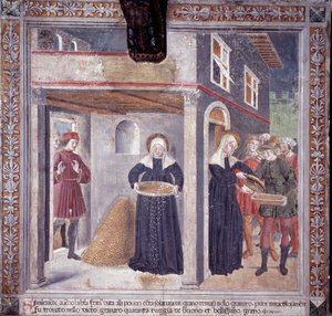 Vida de Santa Francesca Romana: durante una grave hambruna en 1402, Francesca da todo su grano a los pobres de Antoniazzo Romano