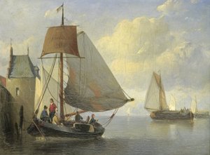 Vista del río con una torre en la orilla inspirada en las torres de Camperveerse en Veere de Antonie Waldorp