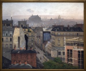 París visto desde Montmartre. En la pared de uno de los edificios, un anuncio de "Le Petit Journal" de Antonin Chittussi