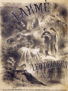 Cartel de Lakmé, ópera con libreto de Edmond Gondinet y Philippe Gille, música de Léo Delibes, Teatro Nacional de la Ópera Cómica, París, Publicado por Heugel y Sons, París de Antonin Marie Chatiniere