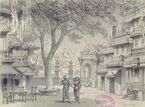 Diseño de escenario para el Acto II de la ópera Lakme, por Leo Delibes (1836-91)