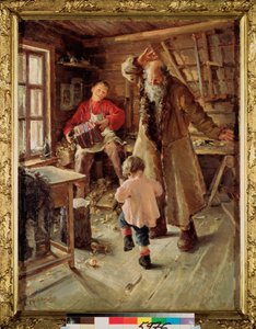 A Merry Moment (En el taller de un carpintero, un niño toca el acordeón para hacer bailar a una niña y a un anciano) - A Merry Moment - Pintura de Antonina Leonardovna Rzhevskaya (1861-1934), óleo sobre lienzo de Antonina Leonardov Rzhevskaya