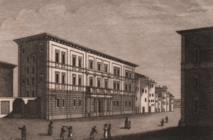 Vista del palacio episcopal de Pistoia, Toscana, Italia, grabado en cobre de Antonio Morghen (1788-1853), 13x9,5 cm aprox. de Antonio (1788 1853) Morghen