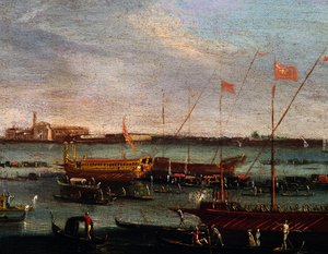El Bucentauro (galera de Estado de los dux de Venecia) en el Lido de Venecia, óleo sobre lienzo, Escuela de Canaletto, Italia de Antonio (studio of) Canaletto
