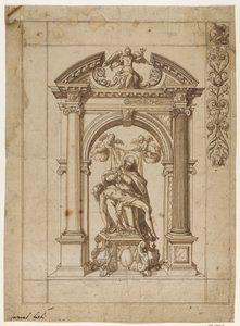 Diseño para un estandarte procesional con una Pietà bajo una arquitectura de altar elaborada en forma de arco triunfal y parte del diseño del borde en la esquina superior derecha de Antonio Aliense
