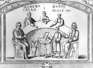 Escena de banquete de un fresco de catacumba cristiana temprana en Roma, ilustración de 
