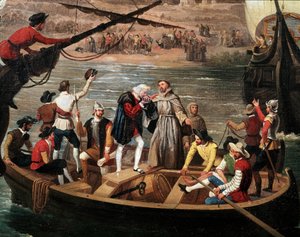 Salida de la Santa María, la Pinta y la Niña de Palos en 1492 (detalle) de Antonio Cabral Bejarano