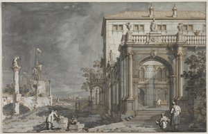 Capriccio: Un palacio con un patio junto a la laguna, c. 1750-1755 de Giovanni Antonio Canal