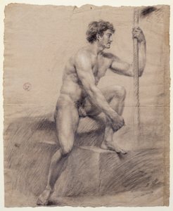 Estudio de desnudo masculino sentado en un podio