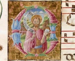 San Juan Bautista. Letra iluminada por Antonio Cicognari. Detalle de un antifonario. 1483. Cremona, coral 4, capítulo del duomo de Antonio Cicognara