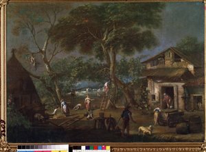 ""Paisaje de Italia"" (Paisaje italiano) Una granja en la campiña italiana. Pintura de Antonio Diziani (1737-1797) Museo de Bellas Artes Mikalojus Konstantinas Ciurlionis, Kaunas, Lituania