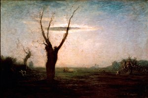 Paisaje de abril de finales de invierno con un árbol aún sin hojas