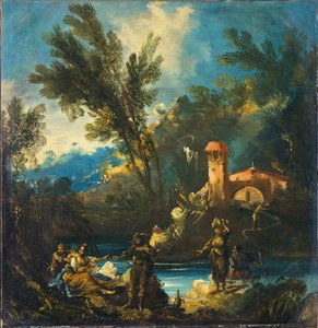 Paisaje fluvial arbolado con figuras