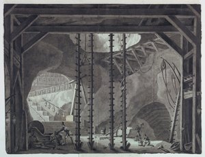 Diseño Escénico, Hombres Construyendo Edificio en Cueva