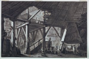 Diseño de escenario, interior de edificio de granja en ruinas