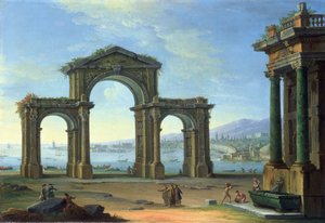 Escena de puerto con arco triunfal de Antonio Joli